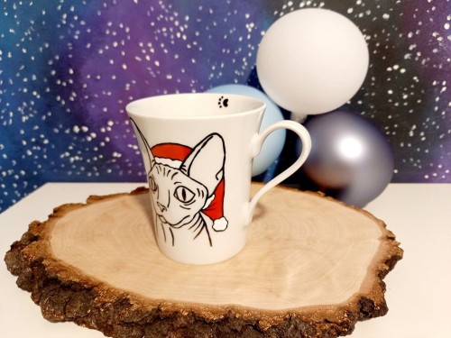 Wyjątkowy, mały, ręcznie malowany kubek kot Sfinks i Święta