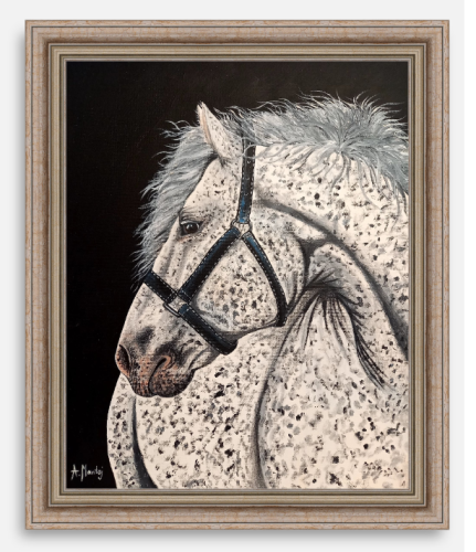 Obraz ręcznie malowany siwy koń na płótnie - przykładowa rama