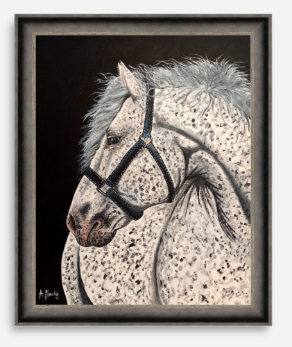 Obraz ręcznie malowany siwy koń na płótnie - przykładowa rama