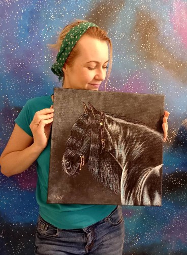 Obraz ręcznie malowany koń fryzyjski na płótnie