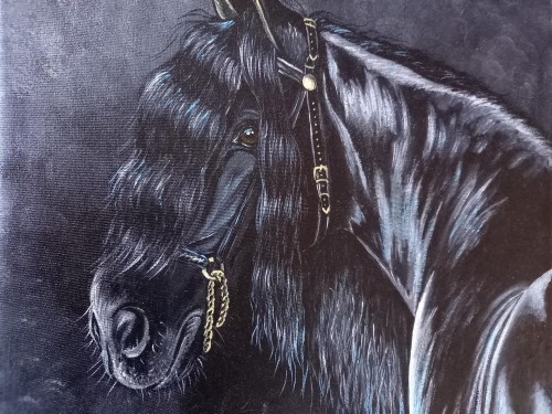 Obraz ręcznie malowany koń fryzyjski na płótnie