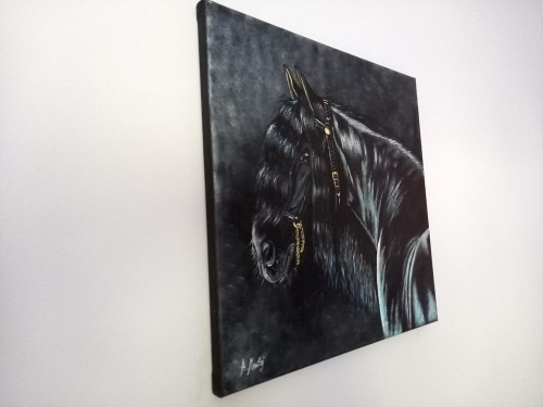 Obraz ręcznie malowany koń fryzyjski na płótnie