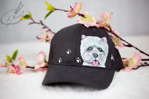 Wyjątkowa ręcznie malowana czapka z daszkiem West Highland White terrier
