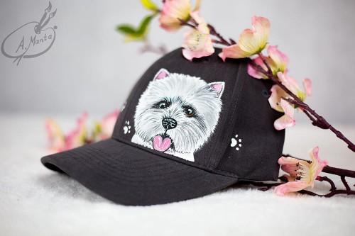 Wyjątkowa ręcznie malowana czapka z daszkiem West Highland White terrier