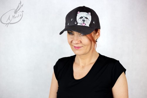 Wyjątkowa ręcznie malowana czapka z daszkiem West Highland White terrier