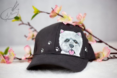 Wyjątkowa ręcznie malowana czapka z daszkiem West Highland White terrier