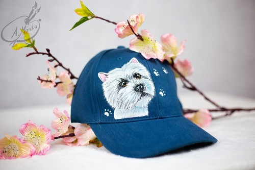 Wyjątkowa ręcznie malowana czapka z daszkiem West Highland White terrier