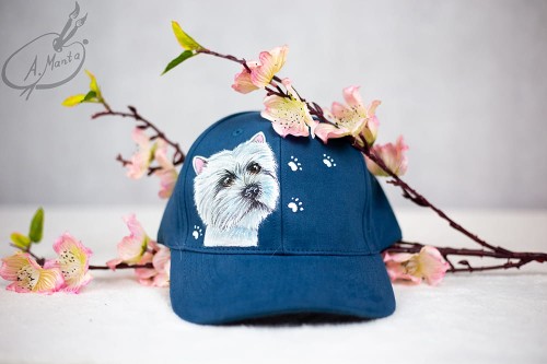 Wyjątkowa ręcznie malowana czapka z daszkiem West Highland White terrier