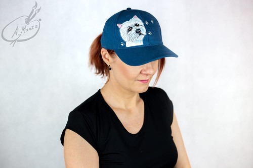 Wyjątkowa ręcznie malowana czapka z daszkiem West Highland White terrier