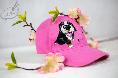Wyjątkowa ręcznie malowana czapka z daszkiem Berneński Pies Pasterski