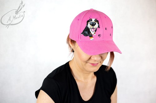 Wyjątkowa ręcznie malowana czapka z daszkiem Berneński Pies Pasterski