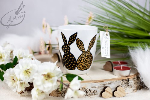 Wyjątkowy, ręcznie malowany kubek Zajączki Wielkanoc