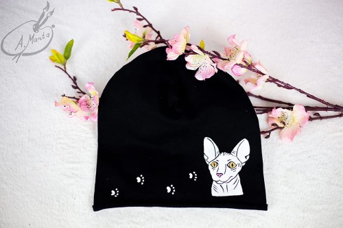 Unikatowa czapka dziecięca ręcznie malowana Kot Sfinks