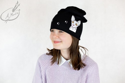 Wyjątkowa ręcznie malowana czapka bawełniana Kot Sfinks.