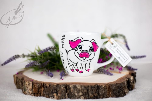 Wyjątkowy, ręcznie malowany kubek Świnka pocałuj mnie w dupę