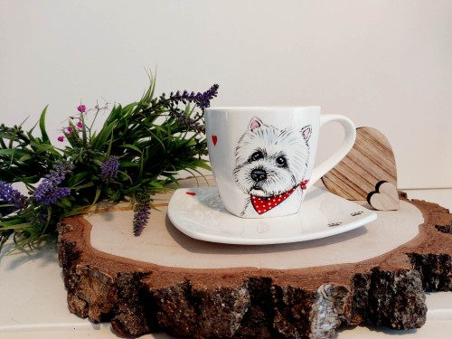 Wyjątkowa, ręcznie malowana filiżanka West Highland White Terrier serduszka
