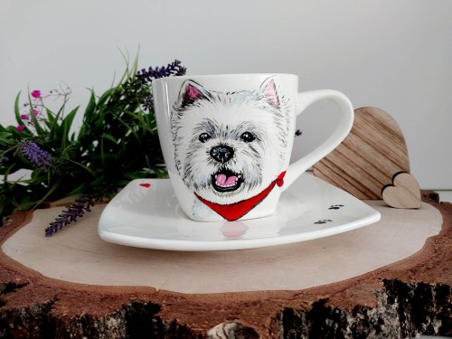 Wyjątkowa, ręcznie malowana filiżanka West Highland White Terrier serduszka