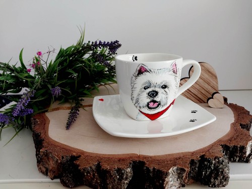 Wyjątkowa, ręcznie malowana filiżanka West Highland White Terrier serduszka