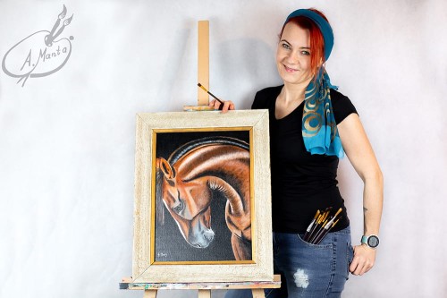 Obraz ręcznie malowany gniady koń na płótnie z ramą