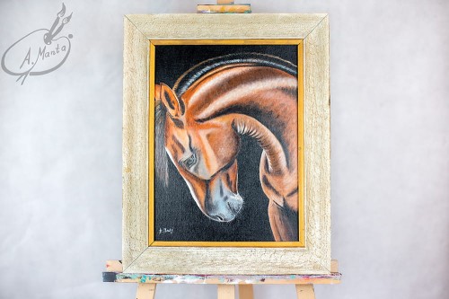 Obraz ręcznie malowany gniady koń na płótnie z ramą