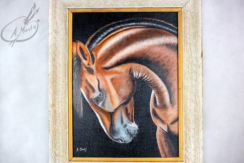 Obraz ręcznie malowany gniady koń na płótnie z ramą