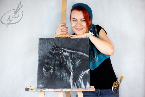 Obraz ręcznie malowany koń fryzyjski na płótnie