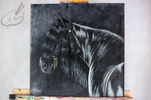 Obraz ręcznie malowany koń fryzyjski na płótnie