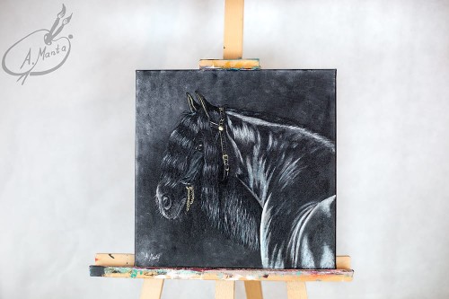Obraz ręcznie malowany koń fryzyjski na płótnie