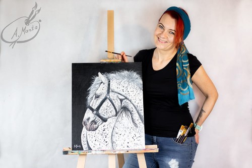 Obraz ręcznie malowany siwy koń na płótnie