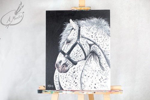 Obraz ręcznie malowany siwy koń na płótnie