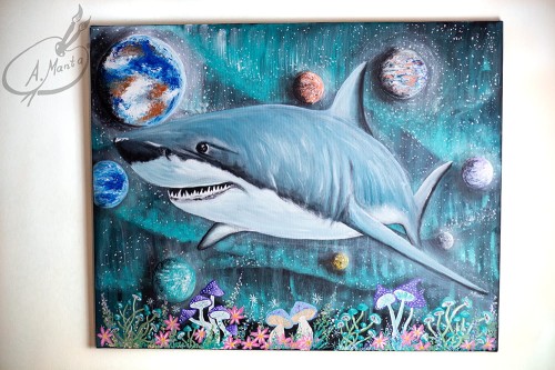 Obraz ręcznie malowany na płótnie Rekin i Kosmos