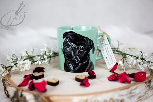 Wyjątkowy, ręcznie malowany kubek Mops.