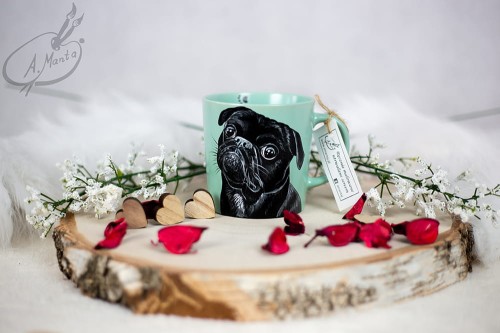 Wyjątkowy, ręcznie malowany kubek Mops.