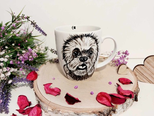 Wyjątkowy, ręcznie malowany kubek Dandie Dinmont Terrier.