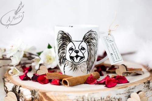 Wyjątkowy, ręcznie malowany kubek pies Papillon.