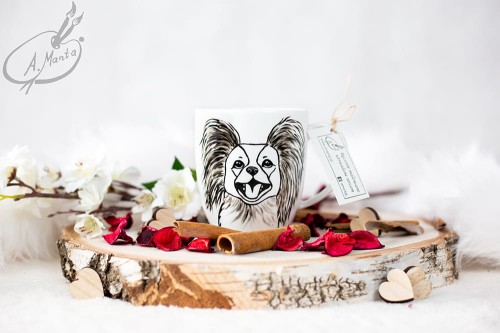 Wyjątkowy, ręcznie malowany kubek pies Papillon.