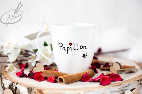Wyjątkowy, ręcznie malowany kubek pies Papillon.