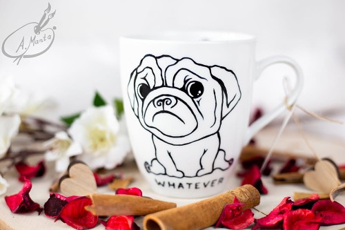 Wyjątkowy, ręcznie malowany kubek Mops