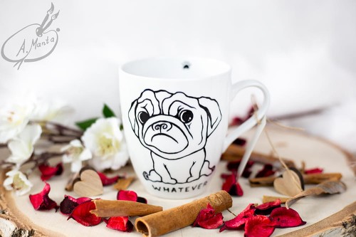 Wyjątkowy, ręcznie malowany kubek Mops