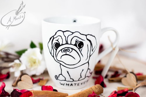 Wyjątkowy, ręcznie malowany kubek Mops