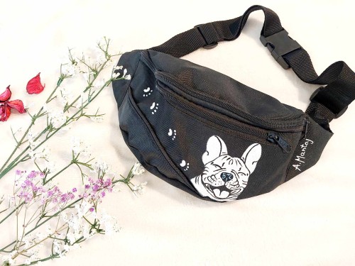 Wyjątkowa ręcznie malowana nerka, saszetka biodrowa Buldożek Francuski