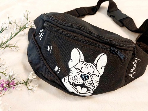 Wyjątkowa ręcznie malowana nerka, saszetka biodrowa Buldożek Francuski