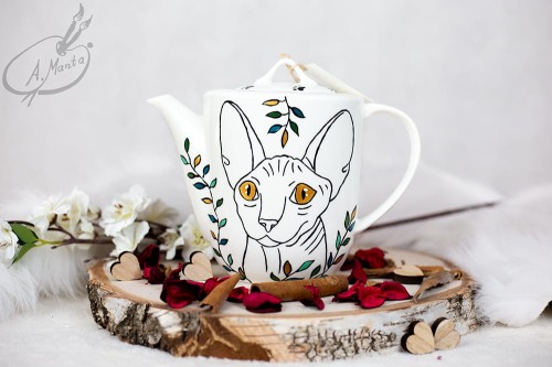 Wyjątkowy dzbanek do kawy ręcznie malowany z kotem rasy Sfinks.