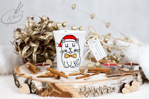Wyjątkowy, mały, ręcznie malowany kubek kot i Święta.
