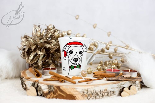 Wyjątkowy, mały, ręcznie malowany kubek charcik włoski i Święta.
