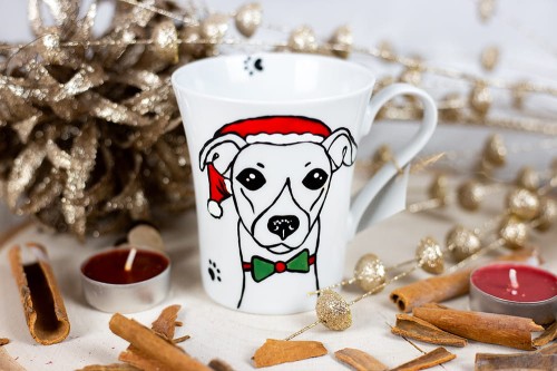 Wyjątkowy, mały, ręcznie malowany kubek charcik włoski i Święta.