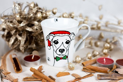 Wyjątkowy, mały, ręcznie malowany kubek charcik włoski i Święta.