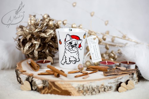 Wyjątkowy, mały, ręcznie malowany kubek buldożek francuski i Święta.