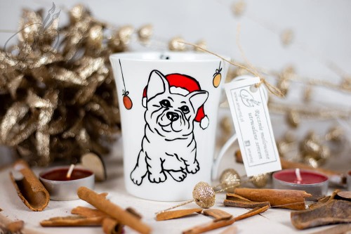 Wyjątkowy, mały, ręcznie malowany kubek buldożek francuski i Święta.