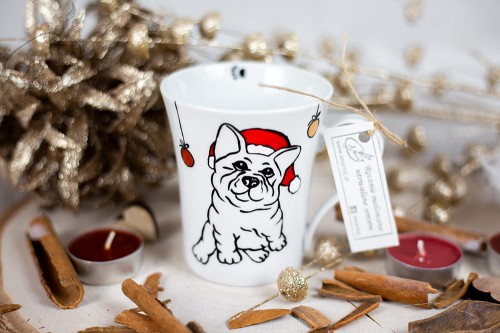 Wyjątkowy, mały, ręcznie malowany kubek buldożek francuski i Święta.